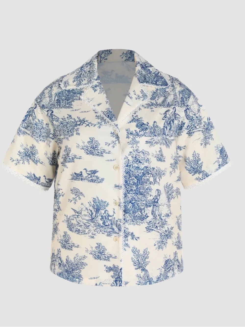 Cider Blue Toile Print Short Sleeve Button-Up Top
